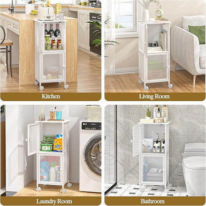 Small Bathroom Storage Cabinet with Movable Wheels, Wooden Bathroom Standing Shelf with 2 Metal Doors, Slim Bathroom Storage Cart for Small Spaces, Laundry, Kitchen, Narrow stand Storage Unit, White