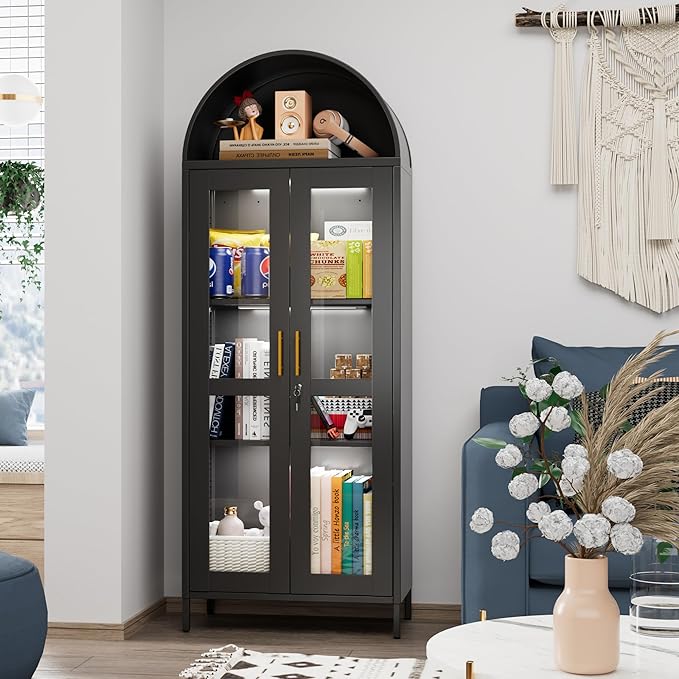 72.83'' H Metal Arched Cabinet with Glass Door,Arched Display Cabinet with LED Strip,Lockable Door and 2 Adjustable Shelves for Home Office,Assembly Required, Black