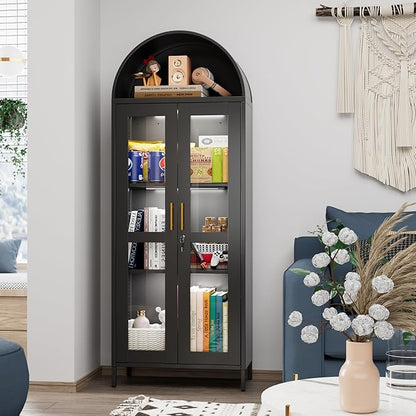 Metal Arched Display Cabinet with 3 Lights,Lockable Arch Cabinet with Glass Doors and 2 Adjustable Shelf for Home Office,Assembly Required,Black