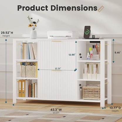 File Cabinet for Home Office, Fluted Filing Cabinet with 2 Drawers Fit Letter/Legal/A4 Folders with Tabs, Printer Stand with Lock & 2 Power Outlets, 6 Shelves (1, White)
