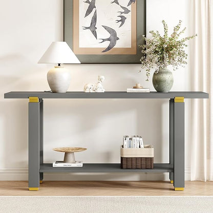 62.9" Modern Minimalist Console Table, Solid Wood Entryway Sofa Table with Metal Accents, 2-Tier with Open Shelf and Built-in Shelf for Living Room, Hallway (Gray-J22)
