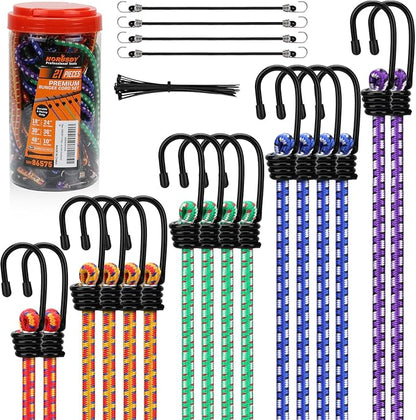HORUSDY 21 - Piece Bungee Cord Set with Hooks & Straps, 10”/18”/24”/30”/36”/48” Heavy Duty Bungee Cords Assortment for Camping, Truck, Moving, Emergency, Outdoor Storage (30 Nylon Cable Ties Extra)