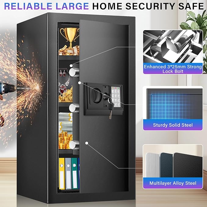 27.56 Inches Tall Safe Box, Home Safe with Fireproof Waterproof Bag, Anti-Theft Digital Security Lock Box with Smart Alert System, Removable Shelf, Mute Function, Document Safes for Jewelry