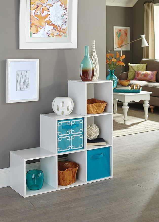 ClosetMaid Cubeicals 3-2-1 Cube Storage Shelf Organizer Bookshelf, 3 Tier, Steps, Corner Unit, Easy Assembly, Wood, White Finish