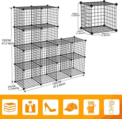 HUBSON Wire Cube Storage Organizer, Book/Toy/Craft/Potted Plants and petCloset Organizers and Storage Shelves, 12-Cube Freely Combinable Metal Grids Storage Shelf,Black Iron