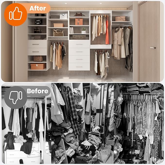 ROOMTEC Modular Closet System, 60" Wall-Mounted Closet Organizer with Drawers and Hanging Rods, Wooden Tower for Walk-In Closets, Wardrobe Storage Kit, White
