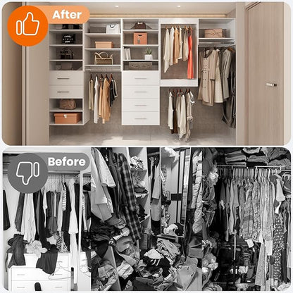 ROOMTEC Modular Closet System, 72" Closet Organizer with Hanging Rods, Wall-Mounted Wooden Tower for Walk-In Closets, Wardrobe Storage Kit, White
