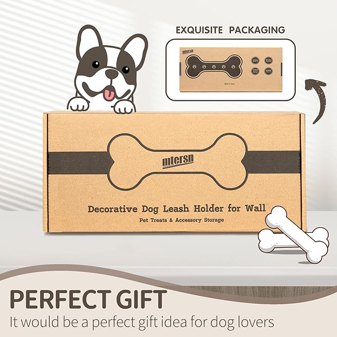 MTERSN Modern Farmhouse Dog Leash Holder for Wall - Decorative Key Hooks Wall Mount with Bone Shape and Coat Hanger for Entryway - Pets Accessories Storage for Dog Lover Gifts (Black & White)