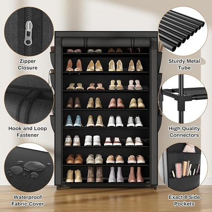Shoe Rack with Cover, 8 Tier Tall Shoe Organizer Storage for 36-45 Pair Shoes and Boots Large Shoe Storage Shelf Free Standing Shoe Rack for Closet, Front Door Entrance, Dorm, Garage