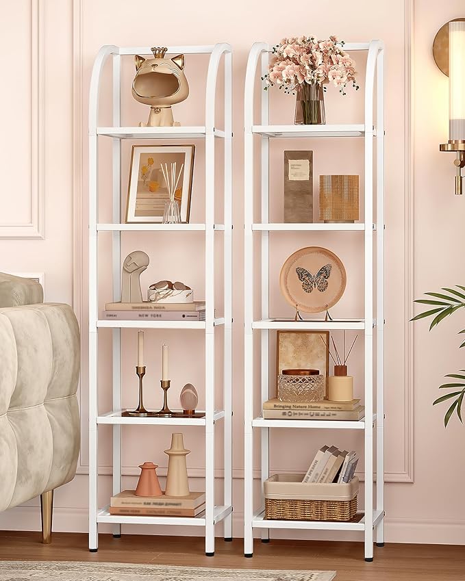Bookcase Bookshelf, Tempered Glass Arched Bookshelf for More Storage, Slim Shelving Unit for Bedroom, Bathroom, Home Office, Steel Frame, 5 Tier White BC20599W