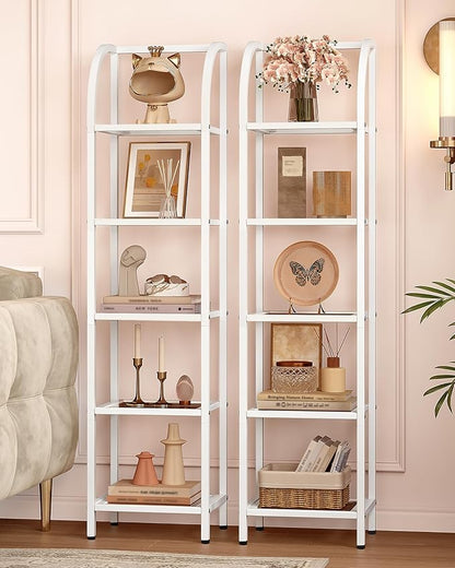 Bookcase Bookshelf, Tempered Glass Arched Bookshelf for More Storage, Slim Shelving Unit for Bedroom, Bathroom, Home Office, Steel Frame, 5 Tier White BC20599W