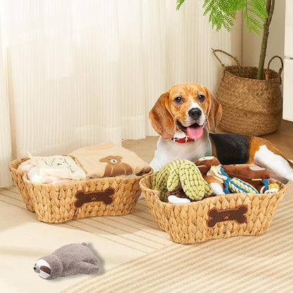 ELONG HOME Wicker Basket for Pet Toys, 2 Pack Stylish and Natural Dog and Cat Toy Basket, Dog Storage Organizer with Bone Shape