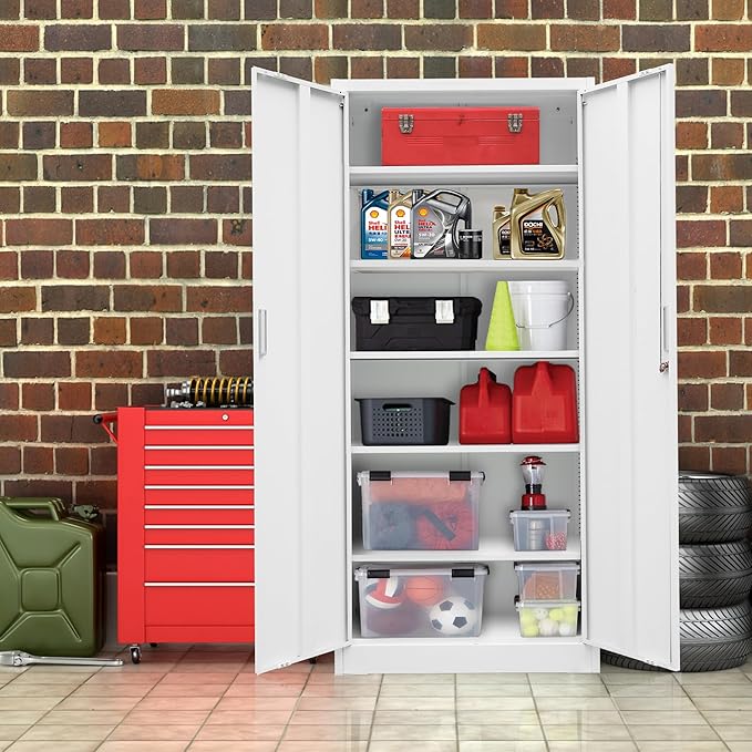 CMY Metal Storage Cabinet with Locking Doors and 5 Adjustable Shelves, 71” Tall Steel Storage Cabinets for Garage, Home Office, Pantry (White)