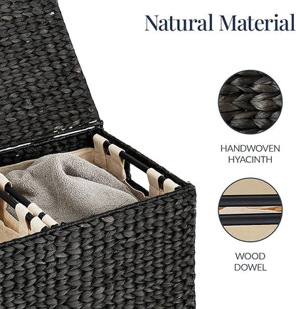 Best Choice Products Large Double Laundry Hamper with Lid, Natural Handwoven Water Hyacinth, 2 Sections w/ 2 Machine Washable Linen Liner Bags, Portable, Handles - Black