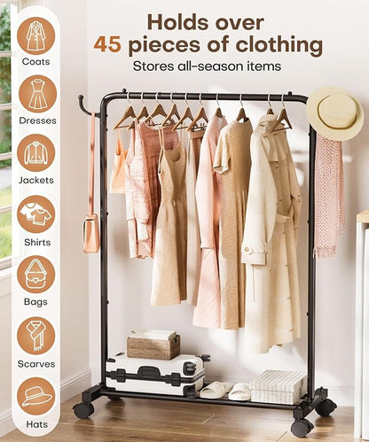 Homde Rolling Clothes Rack with Hooks: Standing Garment Storage for Indoor - Hanging Rod for Bedroom Laundry Room - Coat Dress Organizer on Wheels with luggage shelf (Black, 32")