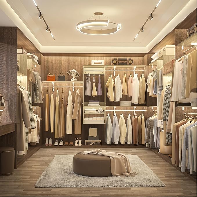 96 Inch Hanging Closet System, 8 FT Closet Organizer System with Hanging Rod, Walk In Mounted Closet System, Built-In Clothes Garment Rack with 3 Shelving Towers(Can Be Cut To Fit), Oak