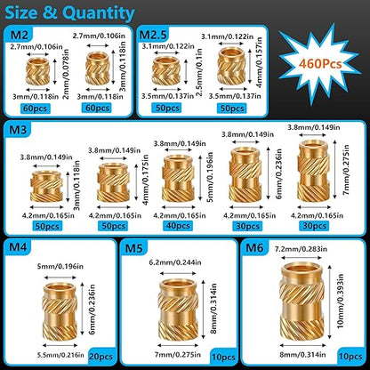 460+7Pcs M2 M2.5 M3 M4 M5 M6 Premium Brass Threaded Inserts, Metric Brass Knurled Nuts Assortment Kit, with Heat Set Insert Tool, for Plastic and 3D Printing Components, All-in-one Solutions