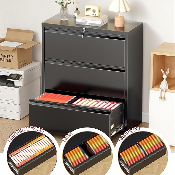 Bonusall File Cabinet, Lateral Filing Cabinet, 3 Drawer Metal File Cabinet with Lock, Lockable Filing Cabinet for Home Office, Hanging Files Letter/Legal/A4/F4 - Black
