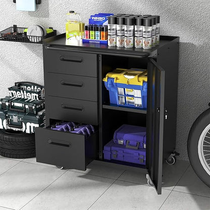 Metal Garage Storage Cabinet on Wheels, Lockable Rolling Tool Cabinet with Drawer and Shelves, Heavy Duty Mobile Steel Cabinet for Garage Warehouse Workshop