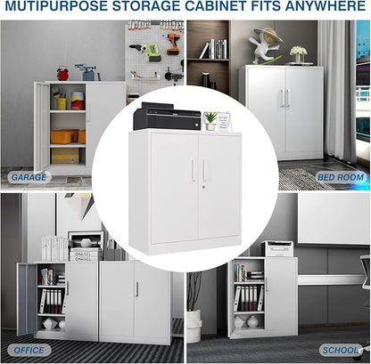 Metal Storage Cabinet with Lock, 36" Small Steel Locker Storage Cabinets, 2 Adjustable Shelves 2 Doors for Home, Office, Garage and Kitchen (White)