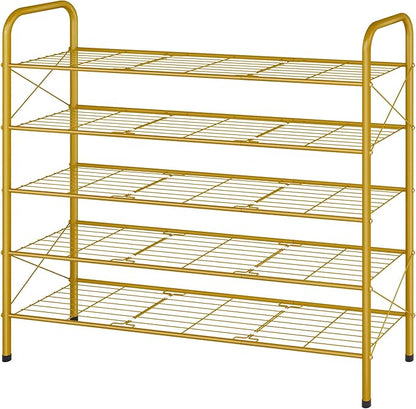 Hoctieon 5 Tier Shoe Rack for Closet, Durable Mesh Style Shoe Rack, Entryway Shoe Shelf, Shoe Storage Organizer for Hallway, Bedroom, Living Room, Wardrobe, Gold