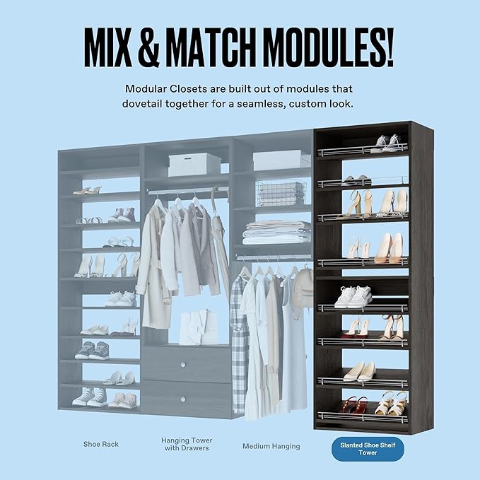 Closet Shelves Tower - Modular Closet System with Shoe Shelves (8) - Corner Closet System - Closet Organizers and Storage Shelves (Gray, 19.5 inches Wide) Closet Shelving