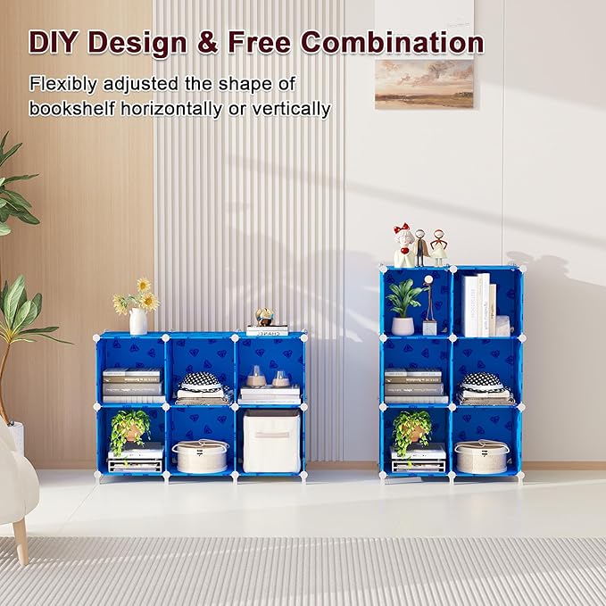 UNKU Cube Storage Organizer, 6 Cube Closet Organizer Storage Shelves, DIY Stackable Bookcase, Clothes Organizer Shelf for Closet, Bedroom, Living Room, Cabinet, Home, Office, Dark Blue