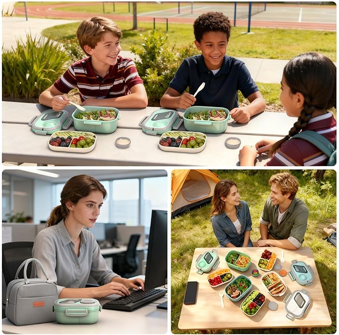 Bento Box Set with Lunch Bag, Lunch Containers for Women&Men&Kids. Leakproof 3-Compartment and 2-Tier Stackable Container with Portable Sauce Pod, Microwave/Dishwasher Safe, BPA-Free (Green)