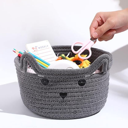 Zopeal Cat Basket Storage Woven Organizer with Ears Easter Decorative Gift Pet Toy Cute Cotton Rope Basket for Gift Cat Dog Toy Bin Nursery Room(8.3 x 4.7 Inch,Gray)