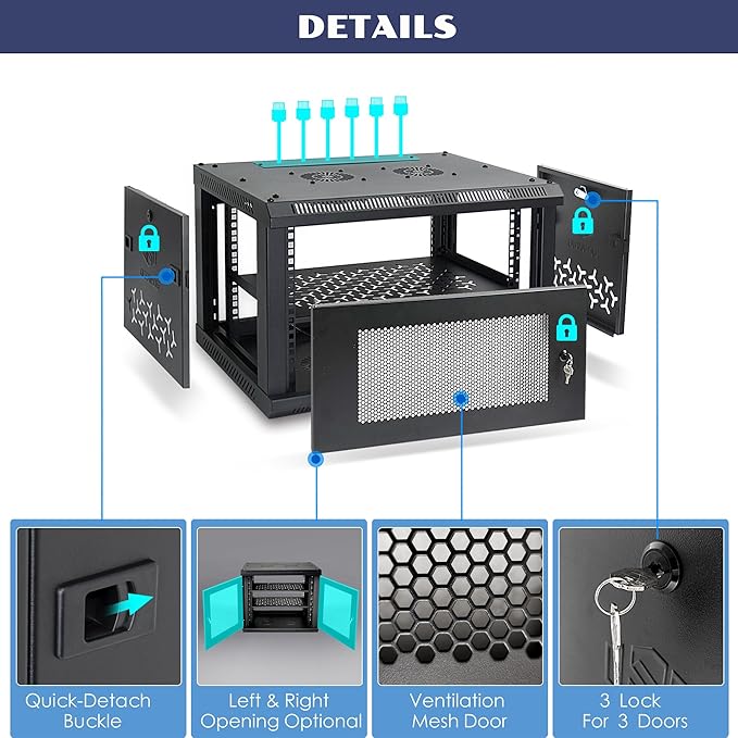 12U Wall Mount Server Cabinet with A Lockable Front Vented Door, Cooling Fans, Removable Side Panels - 45cm Depth, 19" Network Rack Including 2 PCS Full-Size Rack Shelves for IT Equipment