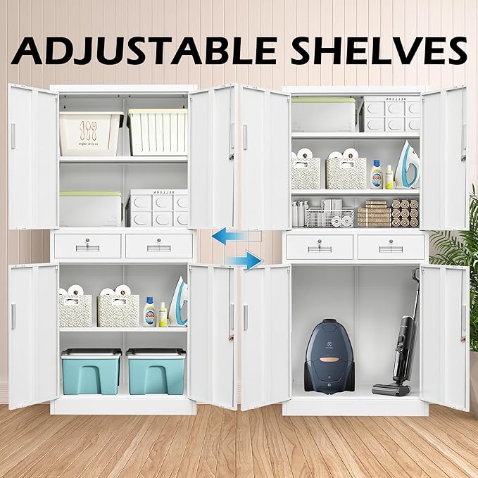 CMY Metal Storage Cabinet, 71" H x 32" W x 16" D Locking Cabinet with Adjustable Shelves and 2 Drawers, Steel Storage Cabinet for Office, Garage, Home, School, Utility Room-White