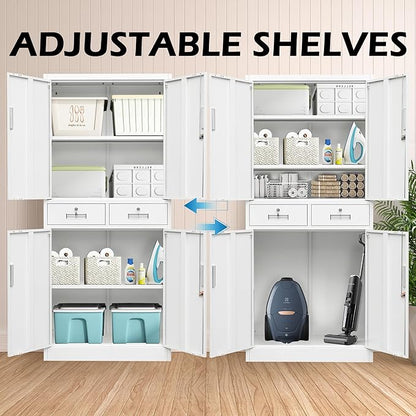 CMY Metal Storage Cabinet, 71" H x 32" W x 16" D Locking Cabinet with Adjustable Shelves and 2 Drawers, Steel Storage Cabinet for Office, Garage, Home, School, Utility Room-White