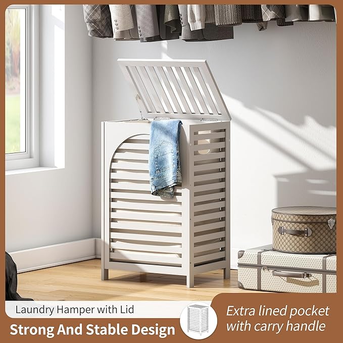 FILWH Laundry Hamper with Lid (16.9 * 13 * 26.5inches) Large Bamboo Laundry Bin Basket 85L Clothes Hamper with 1 Removable Bag Storage baskets for Bathroom (White)