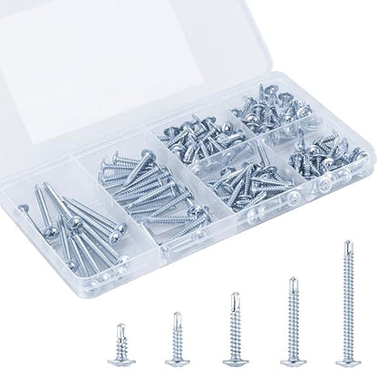 KURUI Self Tapping Screws Assortment Kit, #8 sheet metal screws for Metal Wood & plastic, 125Pcs Galvanized Phillips Truss Head Self Drilling Screws in 5 Sizes (1/2, 3/4, 1-1/4, 1in, 2in)