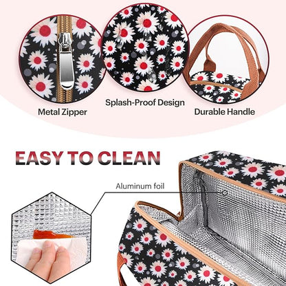 Lunch Bag for Women & Men Adult Insulated Lunch Box, Small Leakproof Cooler Food Lunch Containers Reusable High Capacity Lunch Tote Bags for Work, Travel, Outdoor (Red Flower)