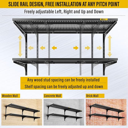 2-Pack×2 Tier 1.3x3ft Garage Shelving Wall Mounted, 15.6x36inch per Shelf Height Cassette Adjustable Floating Shelves（Total 4pcs）(Black)