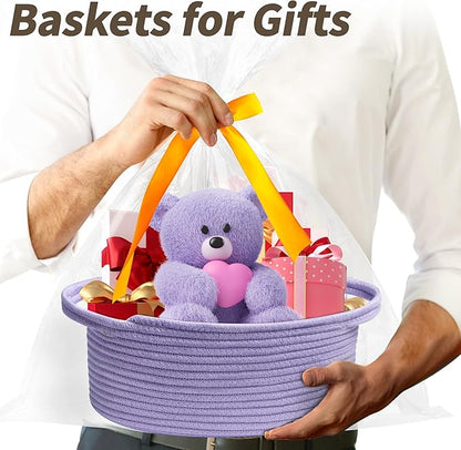 Pro Goleem Small Woven Basket with Gift Bags and Ribbons Durable Baskets for Gifts Empty Small Rope Basket for Storage 12"X 8" X 5" Baby Toy Basket with Handles, purple