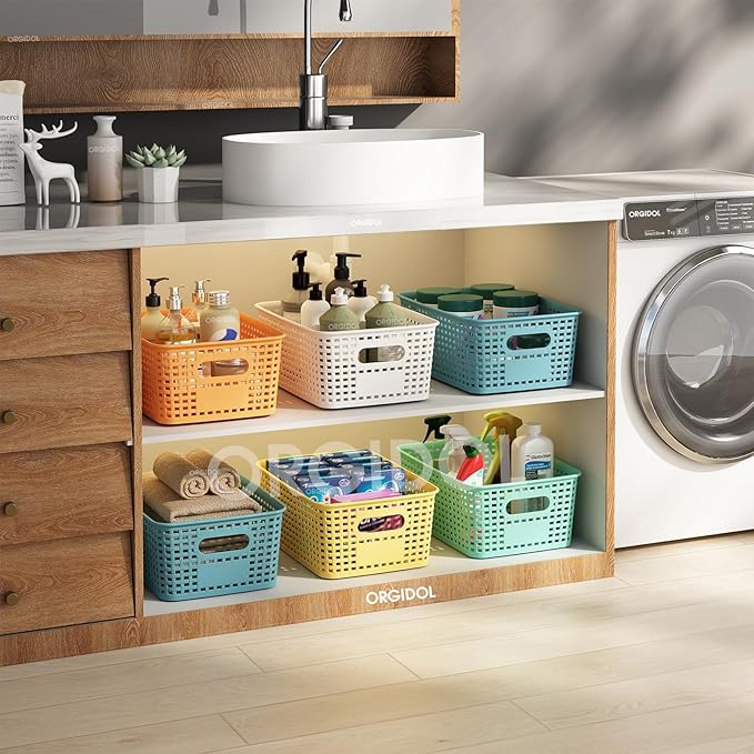 Plastic Storage Basket with Lids 10 Pack Stackable Colorful Storage Bins Containers with Lid, Decorative Storage Boxes for Organizing Shelves, Drawers, Playroom, Classroom, Office, Closet