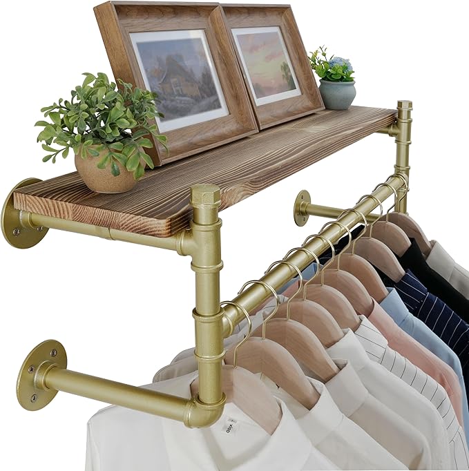 WEBI Wall Mounted Clothes Rack with Shelf,32" Industrial Pipe Clothing Rack with Shelf with Hanging Rod,Heavy Duty Iron Garment Rack Bar,Retail Display Clothes Rod for Laundry Room,Closet,Gold
