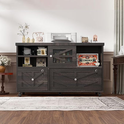 Semoic Gray Lateral File Cabinet with Lock, 2 Drawer Rolling Filing Cabinet for Home Office, Mobile Storage Cabinet with Open Shelves & Sliding Door, Fits Legal/Letter/A4 Files, Herringbone Design