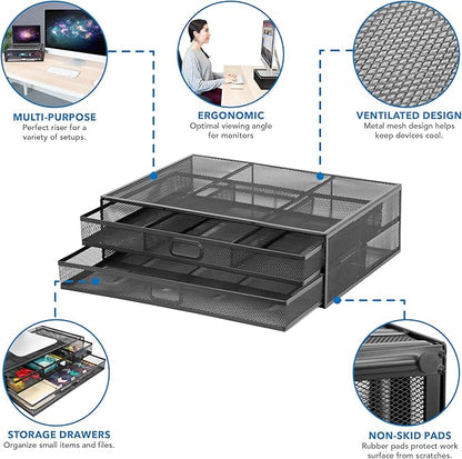 MOUNT-IT! Computer Monitor Stand With Drawers, Metal Mesh Riser and Organizer for Laptops and Computer Screens, Laptop, and Printer Accessories and Office Supplies (Black)