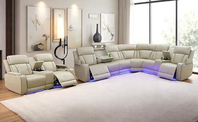 Brown Leather Recliner Sectional Couch with LED, Power Sectional Sofa and Loveseats, Power Recliner Sofa Set for Living Room, L-Shaped Couch Sets, Cup Holders, Hidden Storage for Home/Office