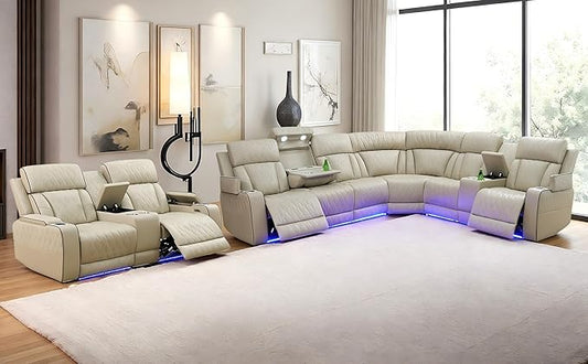 Brown Leather Recliner Sectional Couch with LED, Power Sectional Sofa and Loveseats, Power Recliner Sofa Set for Living Room, L-Shaped Couch Sets, Cup Holders, Hidden Storage for Home/Office