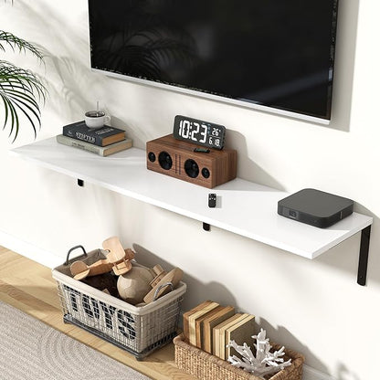 Fun Memories Floating Shelves for Wall, 12 Inch Deep Floating Shelves Set of 2, Wall Mounted Shelf with Metal Brackets, Rustic Wood Wide Shelf for Bathroom, Kitchen and Living Room, White, 55W x 12D