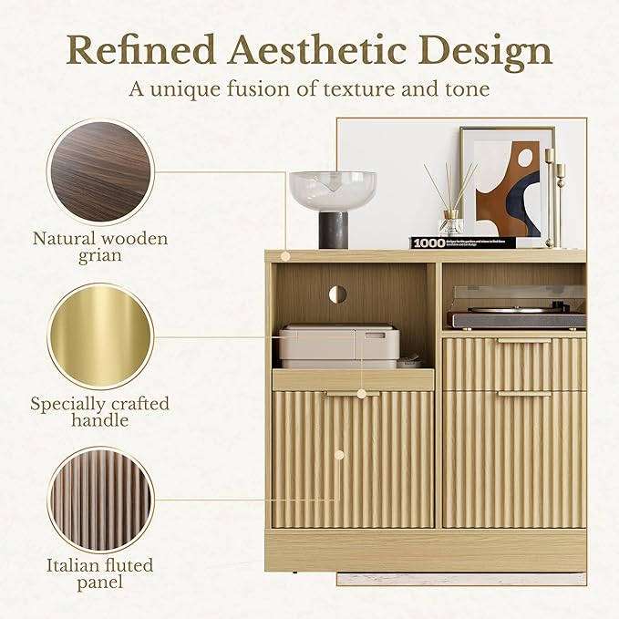 3 Drawer File Cabinet, Fluted Wood Lateral Filing Cabinet with Charging Station for Home Office, Fits for A4/Letter-Sized Files, Printer Stand with Open Storage Shelves, Light Walnut