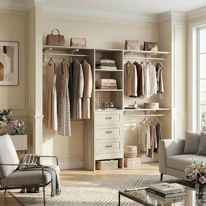 8FT Closet System with 3 Curved Drawers, 96'' Wooden Walk-in Closet Organizer with 3 Top Shelves, Adjustable Organizer System with 3 Hanging Rods, Built-in Wardrobe Storage Rack for 4-8 ft, White Oak