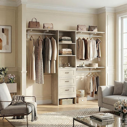8FT Closet System with 3 Curved Drawers, 96'' Wooden Walk-in Closet Organizer with 3 Top Shelves, Adjustable Organizer System with 3 Hanging Rods, Built-in Wardrobe Storage Rack for 4-8 ft, White Oak