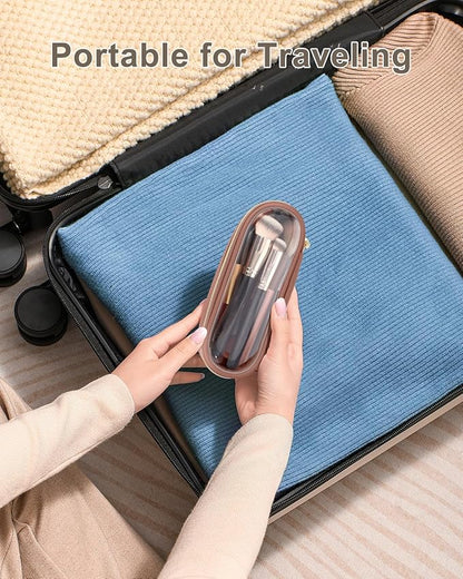 Clear Travel Makeup Brush Holder, Leather Makeup Brush Toiletry Bag, Portable Cosmetic Brush Case, Transparent Waterproof Makeup Brush Storage Bag, Brown