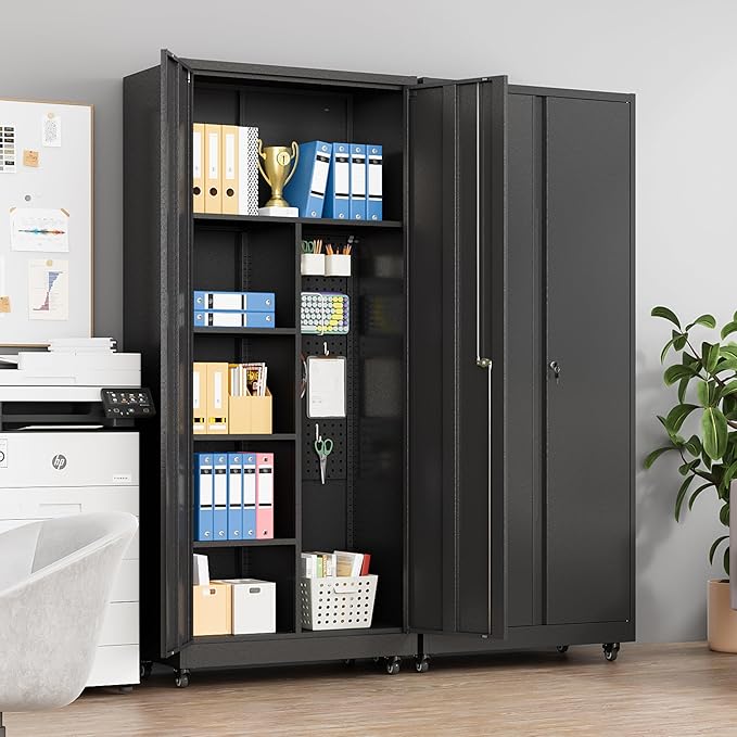 Metal Garage Storage Cabinet with Wheels, Locking Doors and Adjustable Shelves - Tall Black Cabinet for Office, Home, Garage, Shop