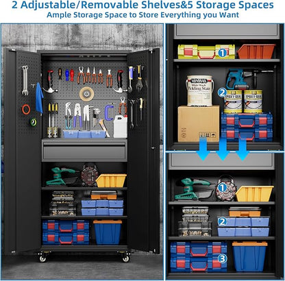 SUXXAN 71" Metal Garage Storage Cabinet with 16 Hooks and Pegboards,1 Drawer Inside Rolling Tool Storage Cabinet with Adjustable Shelves,3 Metal Hanging Rod for Garage,Warehouse